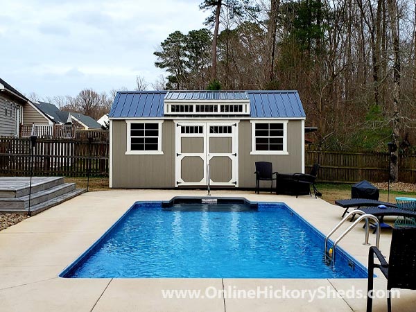 Hickory Sheds Dormer Utility Shed Painted in Gap Gray with White Timr