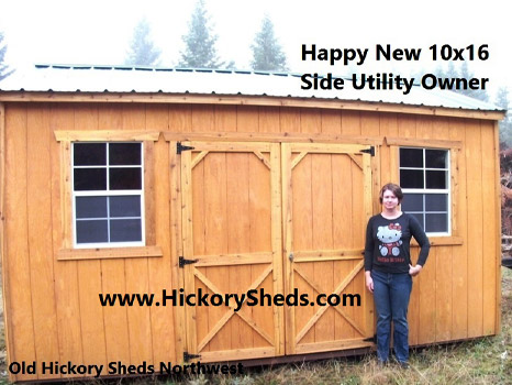 A woman happy with her new Hickory Shed