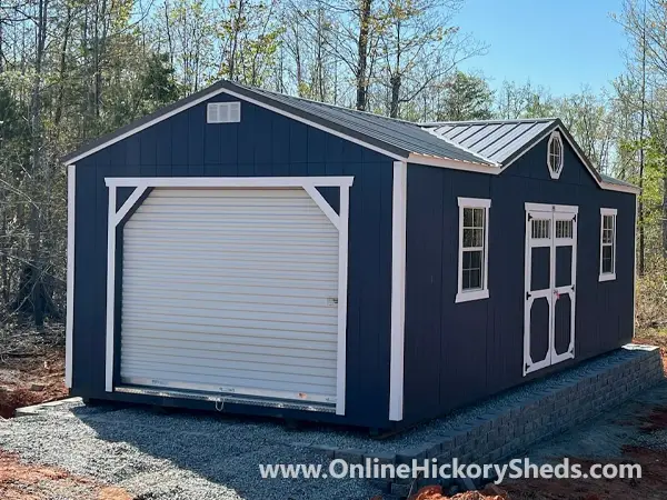 hickory-sheds-gable-dormer-med-3 Navy Blue Utility Shed with a Roll Up Garage Door and a Gable Dormer