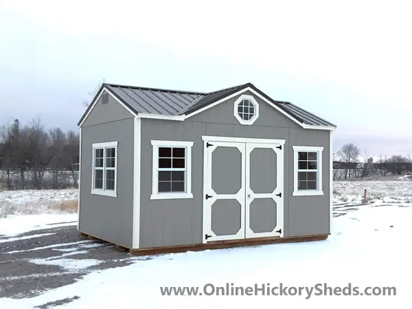 hickory-sheds-gable-dormer-med-6 Gap gray Utility Shed with Gable Dormer in the snow