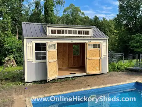 hickory-sheds-utility-dormer-sm-5 Utility Shed with a Dormer by the pool with double barn doors open